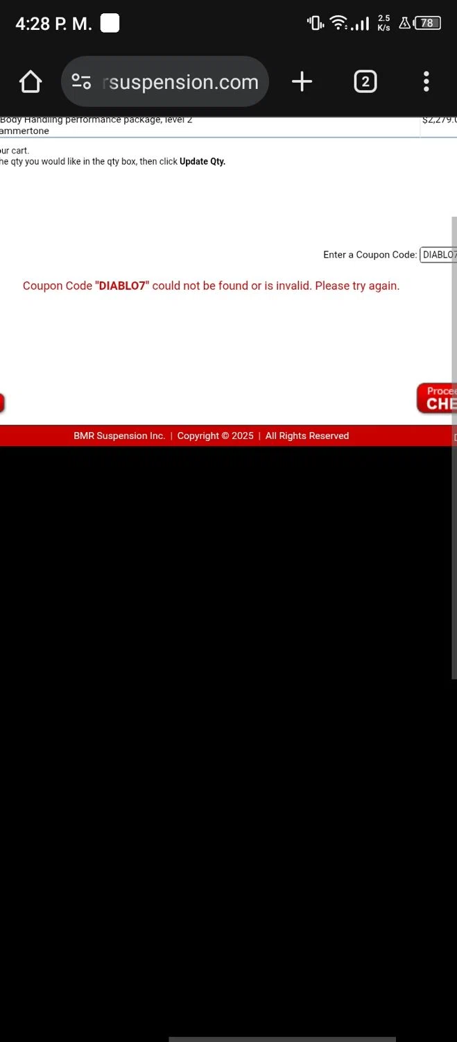 BMR Suspension discount code screenshot showing code DIABLO7 applied at BMR Suspension checkout page. Uploaded by SimplyCodes community member Usermarielinda on Nov 2, 2025