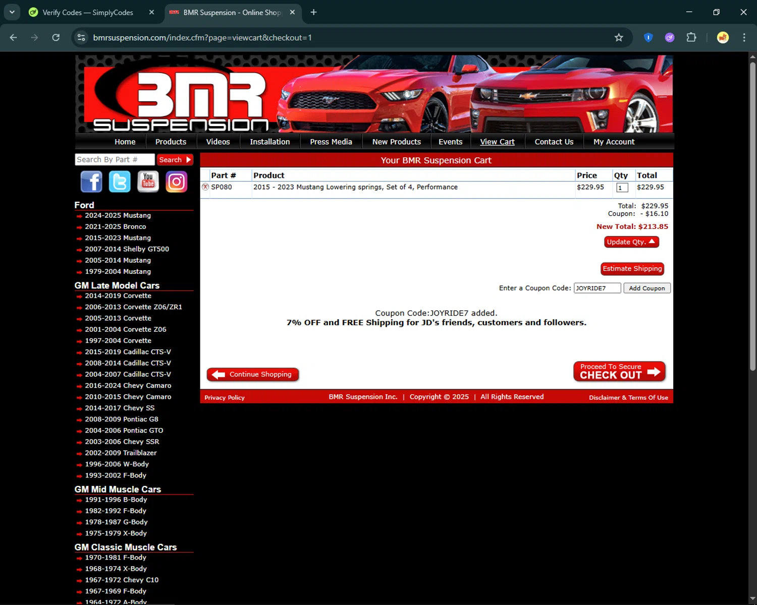 BMR Suspension discount code screenshot showing code JOYRIDE7 applied at BMR Suspension checkout page. Uploaded by SimplyCodes community member SmartFinder4193 on Dec 7, 2025