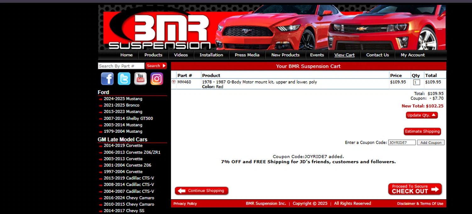 BMR Suspension discount code screenshot showing code JOYRIDE7 applied at BMR Suspension checkout page. Uploaded by SimplyCodes community member ashe1986 on Aug 13, 2025