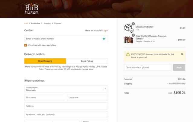 BnB Tobacco checkout page showing BnB Tobacco discount code box | Screenshot taken by SimplyCodes community member on Jun 6, 2024