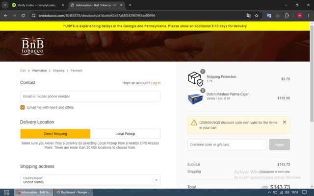 BnB Tobacco checkout page showing BnB Tobacco discount code box | Screenshot taken by SimplyCodes community member on Jun 2, 2024