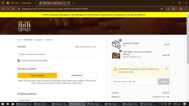 BnB Tobacco checkout page showing BnB Tobacco discount code box | Screenshot taken by SimplyCodes community member on Jun 5, 2024