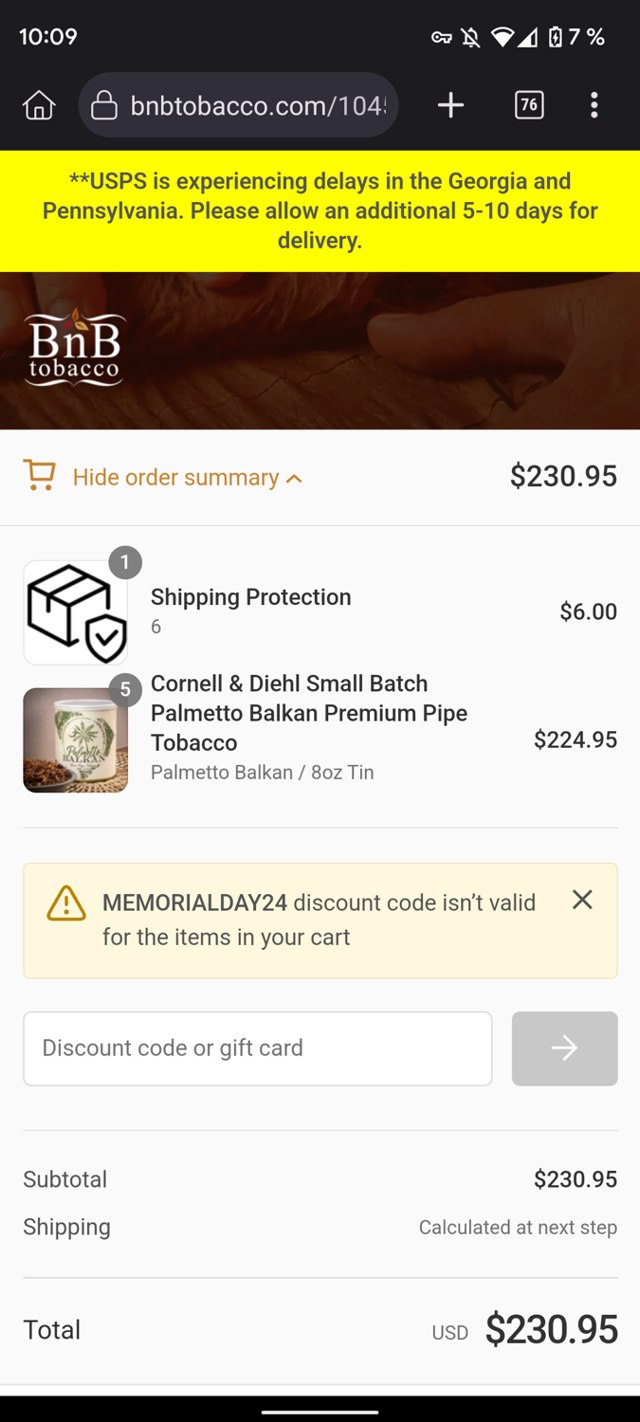 BnB Tobacco checkout page showing BnB Tobacco discount code box | Screenshot taken by SimplyCodes community member on May 24, 2024