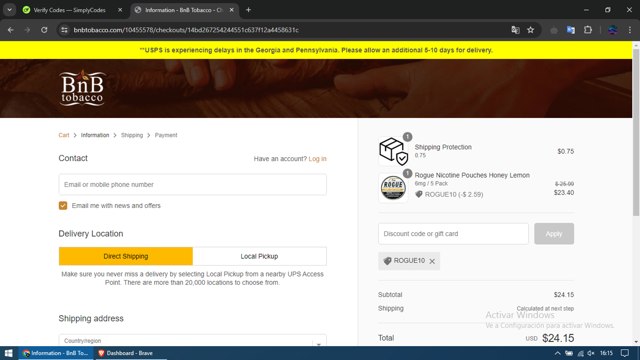BnB Tobacco checkout page showing BnB Tobacco discount code box | Screenshot taken by SimplyCodes community member on Jun 4, 2024