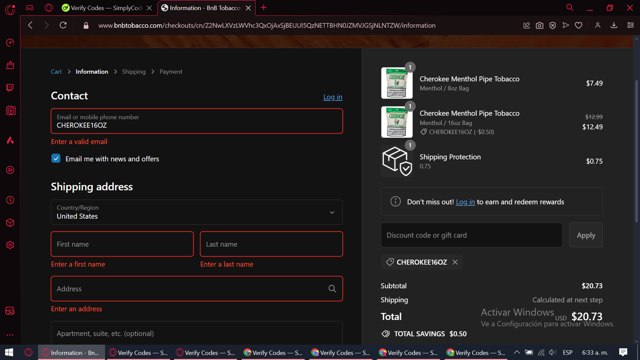 BnB Tobacco checkout page showing BnB Tobacco discount code box | Screenshot taken by SimplyCodes community member on Jun 15, 2024