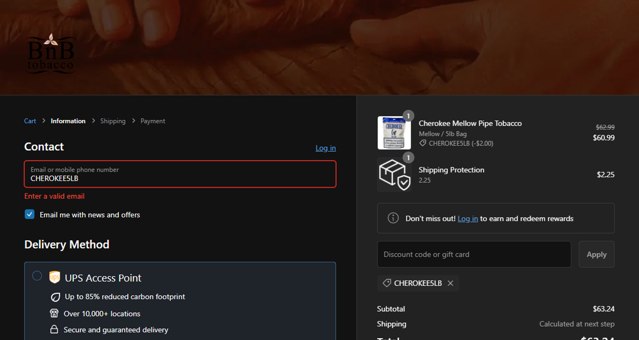BnB Tobacco checkout page showing BnB Tobacco discount code box | Screenshot taken by SimplyCodes community member on Jun 26, 2024