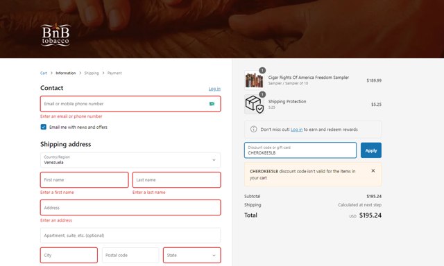BnB Tobacco checkout page showing BnB Tobacco discount code box | Screenshot taken by SimplyCodes community member on Jun 15, 2024