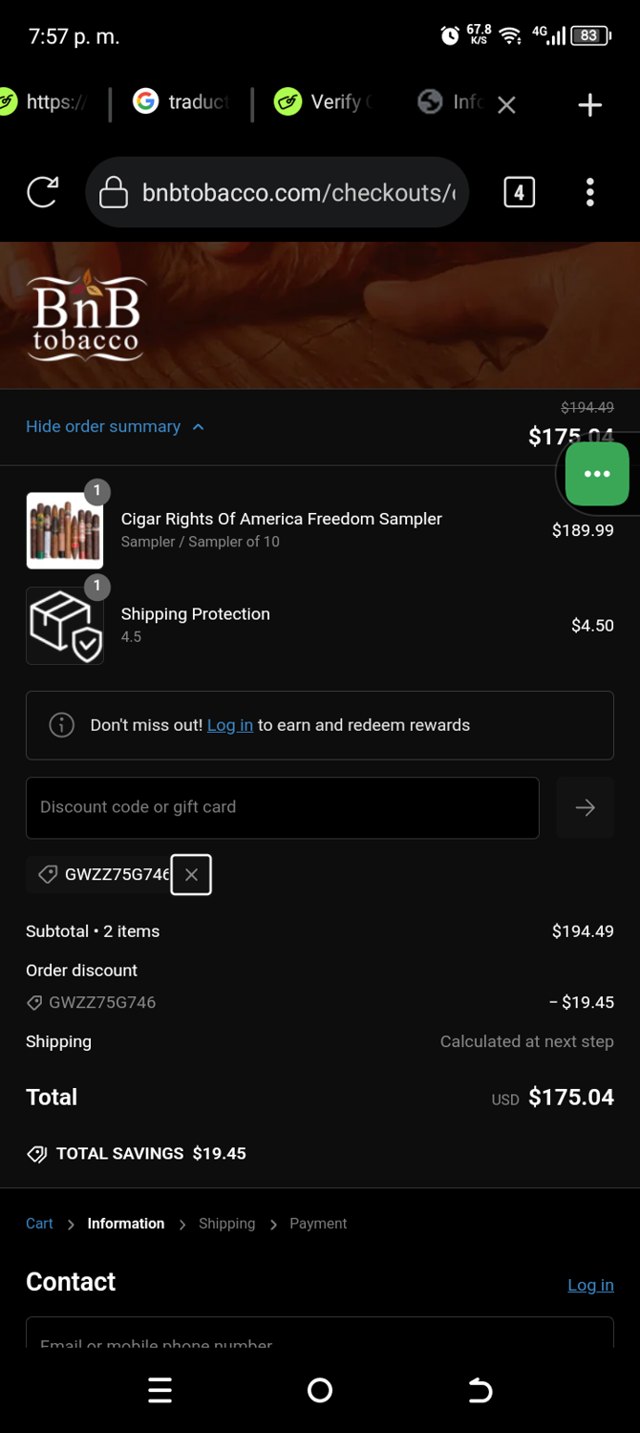 BnB Tobacco checkout page showing BnB Tobacco discount code box | Screenshot taken by SimplyCodes community member on Sep 30, 2024