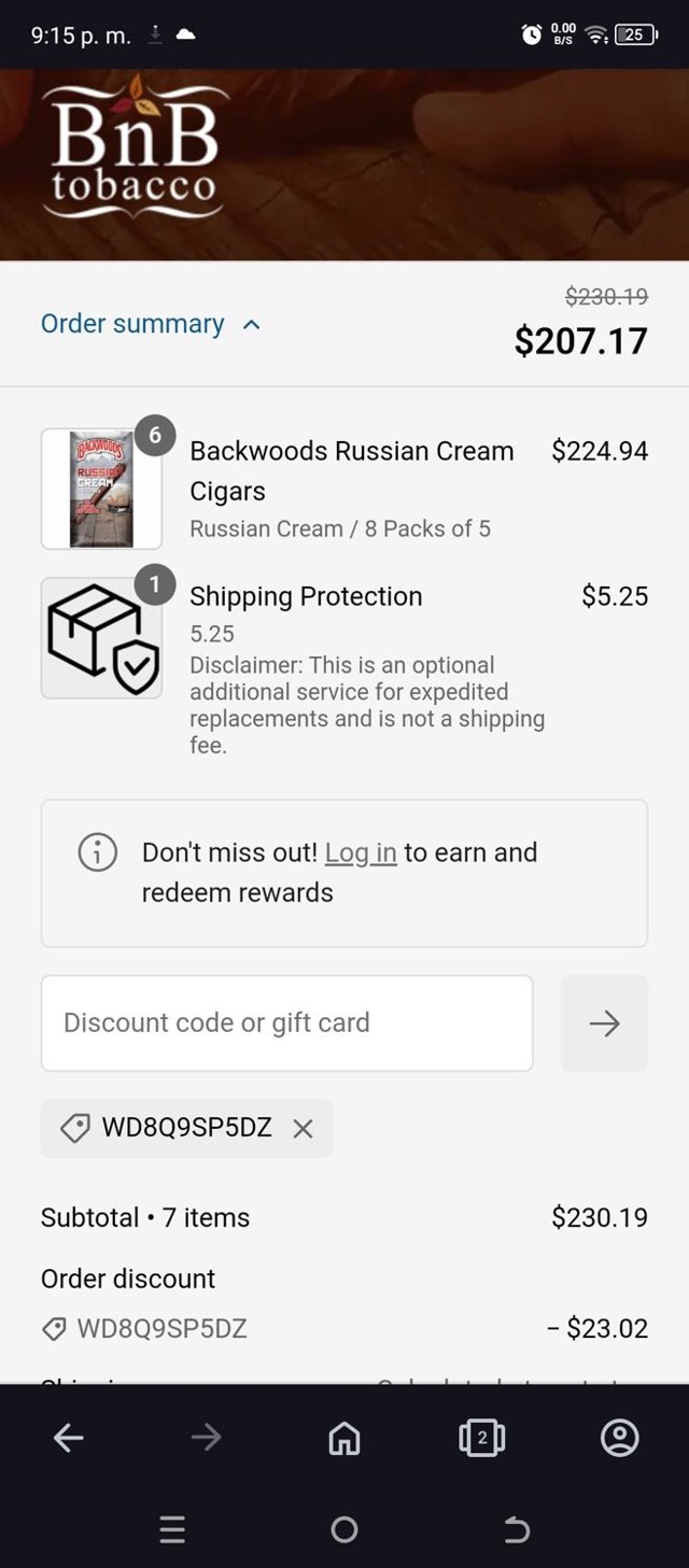 BnB Tobacco checkout page showing BnB Tobacco discount code box | Screenshot taken by SimplyCodes community member on Jan 19, 2025
