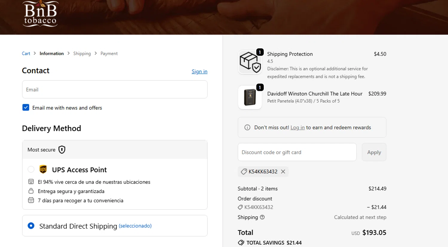 BnB Tobacco promo code screenshot showing code K54KK63432 applied at BnB Tobacco checkout page. Uploaded by SimplyCodes community member PaulSkenes on Jun 13, 2026