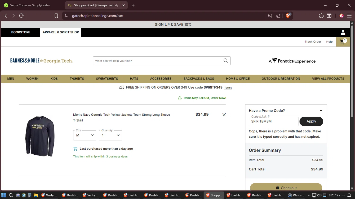 Barnes & Noble College promo code screenshot showing code SPIRITBMSM applied at Barnes & Noble College checkout page. Uploaded by SimplyCodes community member Shizuku on Jan 23, 2026