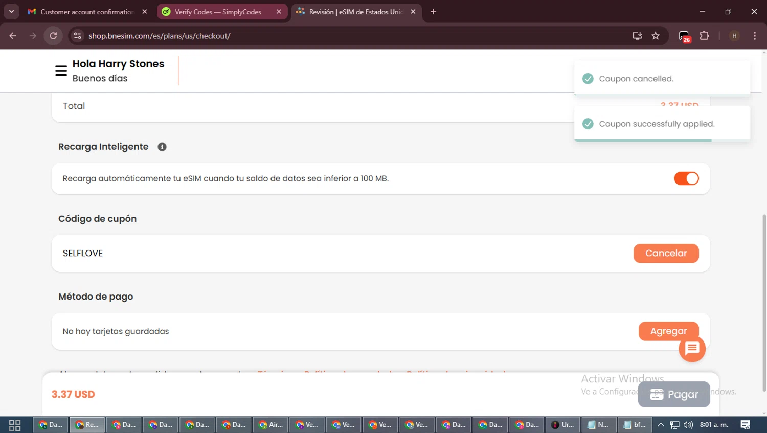 BNESIM checkout page showing BNESIM coupon code box | Screenshot taken by SimplyCodes community member on Jan 11, 2026