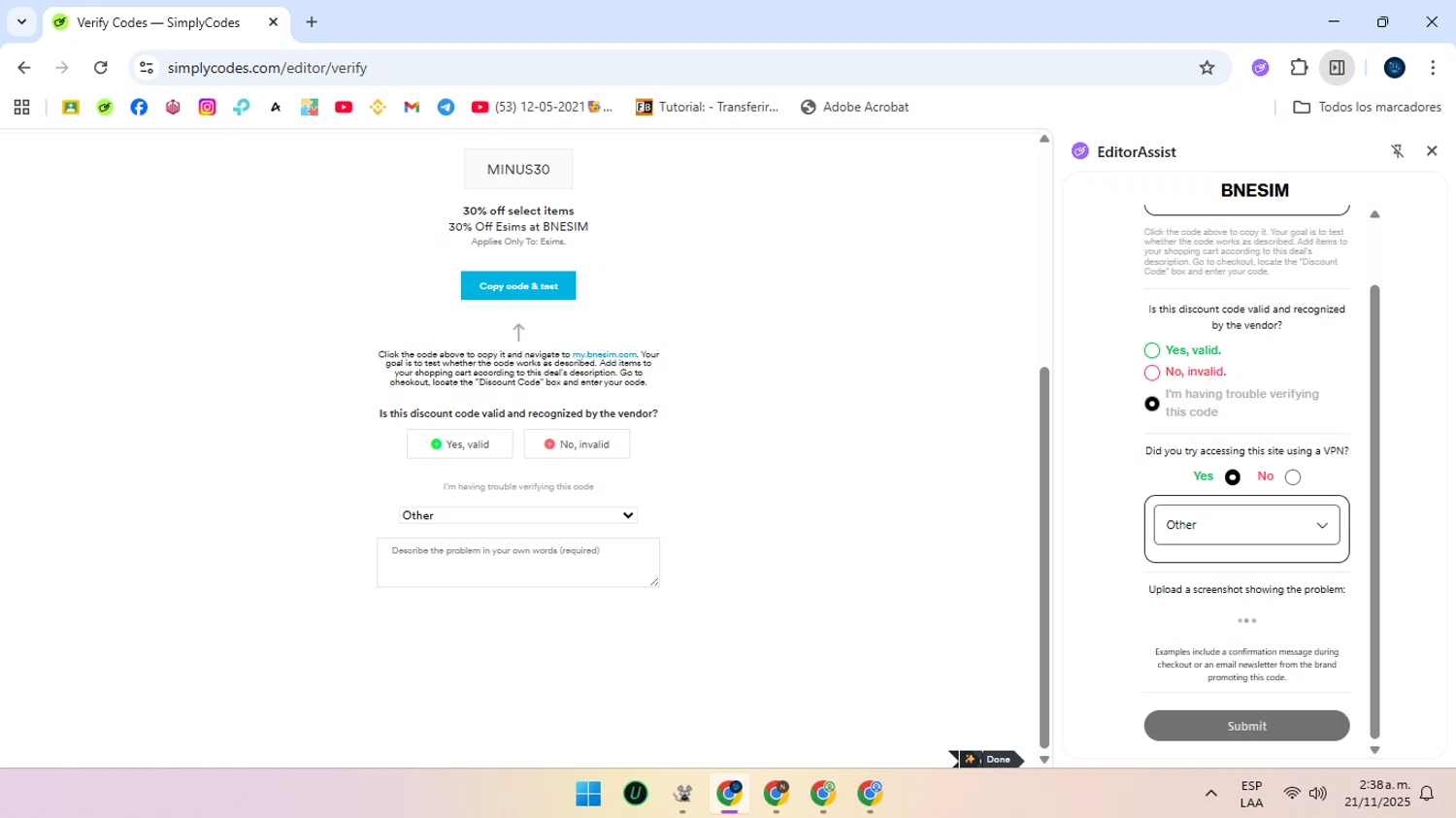 BNESIM coupon code screenshot showing code MINUS30 applied at BNESIM checkout page. Uploaded by SimplyCodes community member Crchirino1 on Nov 21, 2025