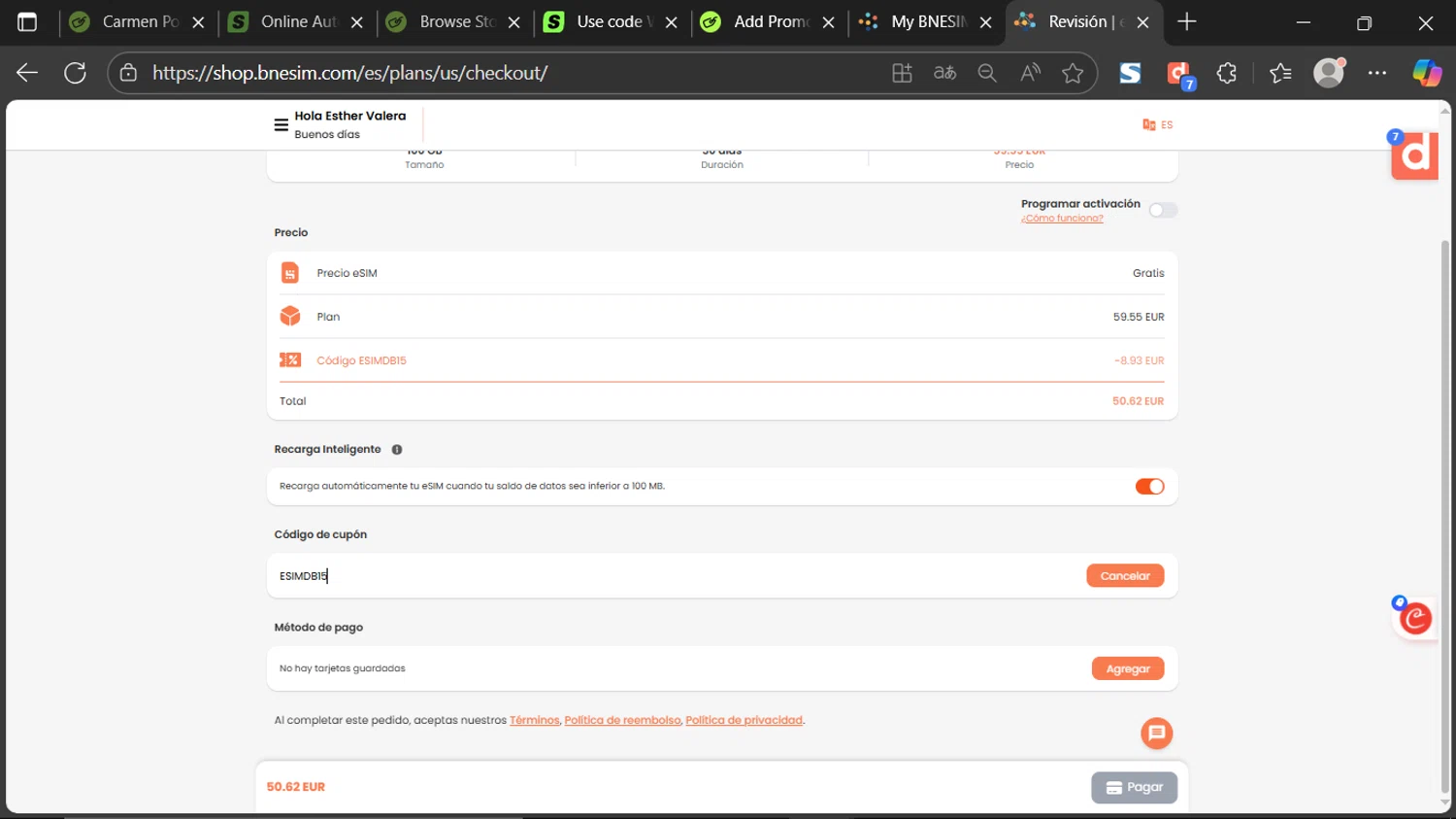 BNESIM coupon code screenshot showing code ESIMDB15 applied at BNESIM checkout page. Uploaded by SimplyCodes community member ESTHER3121 on Oct 14, 2025