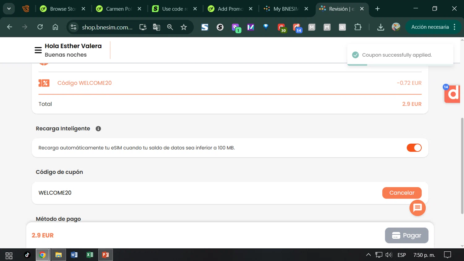 BNESIM coupon code screenshot showing code WELCOME20 applied at BNESIM checkout page. Uploaded by SimplyCodes community member ESTHER3121 on Dec 24, 2025