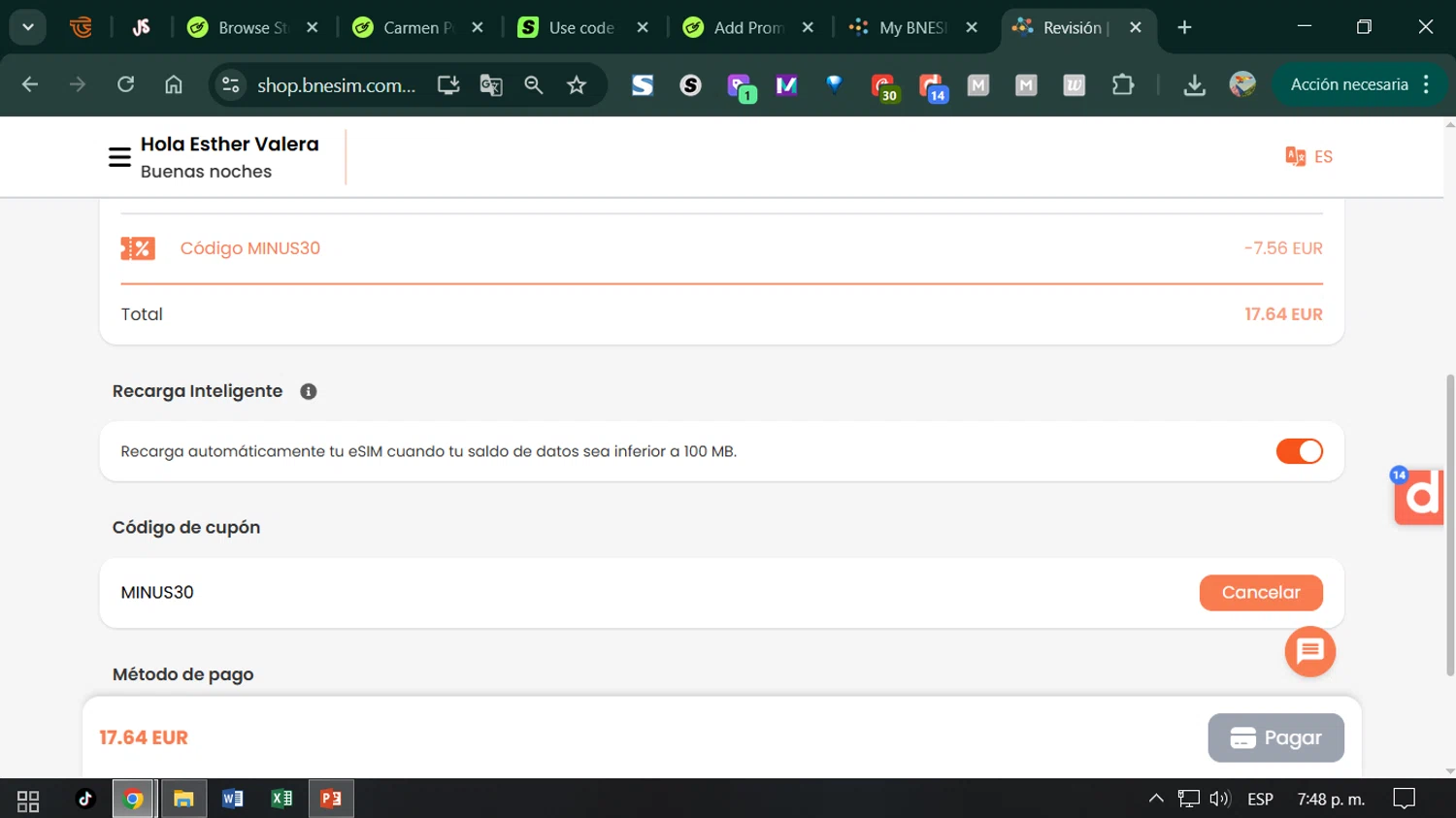 BNESIM coupon code screenshot showing code MINUS30 applied at BNESIM checkout page. Uploaded by SimplyCodes community member ESTHER3121 on Dec 24, 2025