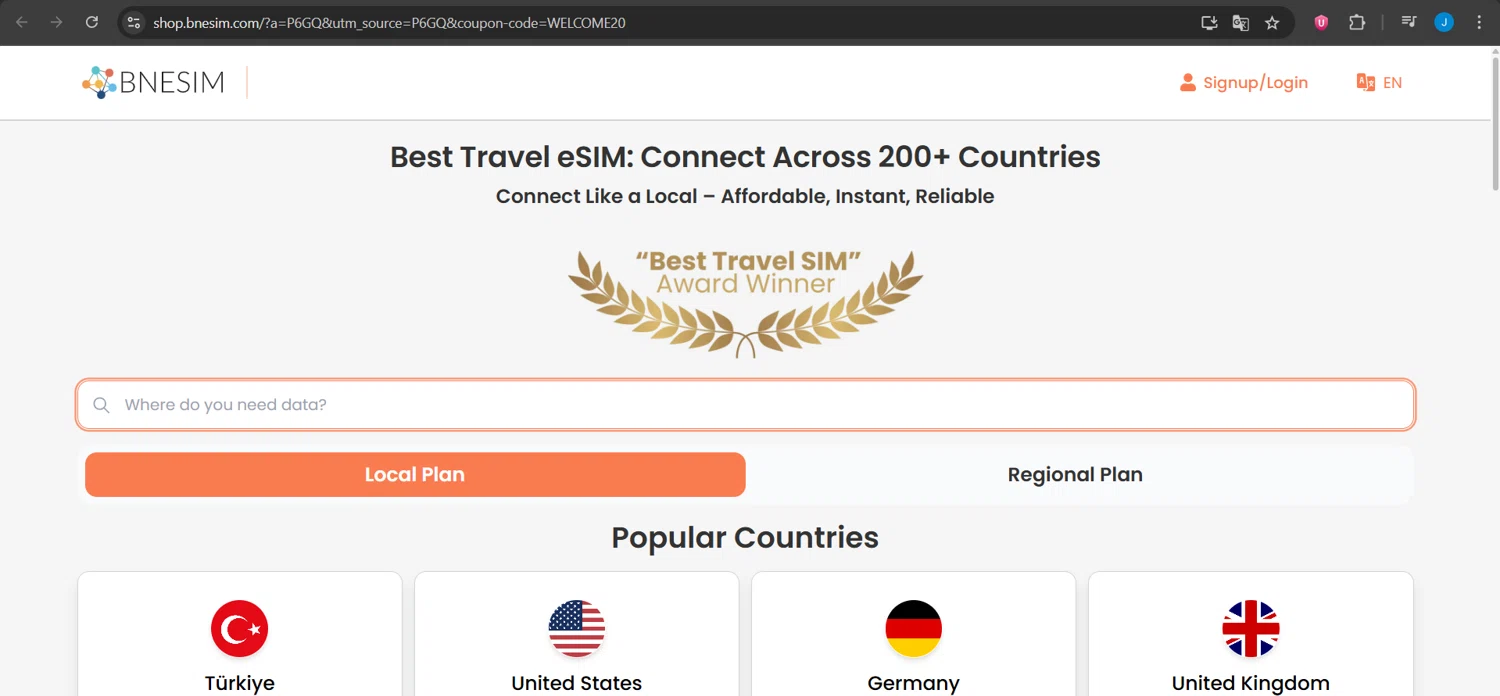 BNE travel eSIM promo code screenshot showing code WELCOME20 applied at BNE travel eSIM checkout page. Uploaded by SimplyCodes community member Jeanjc on Jun 24, 2025