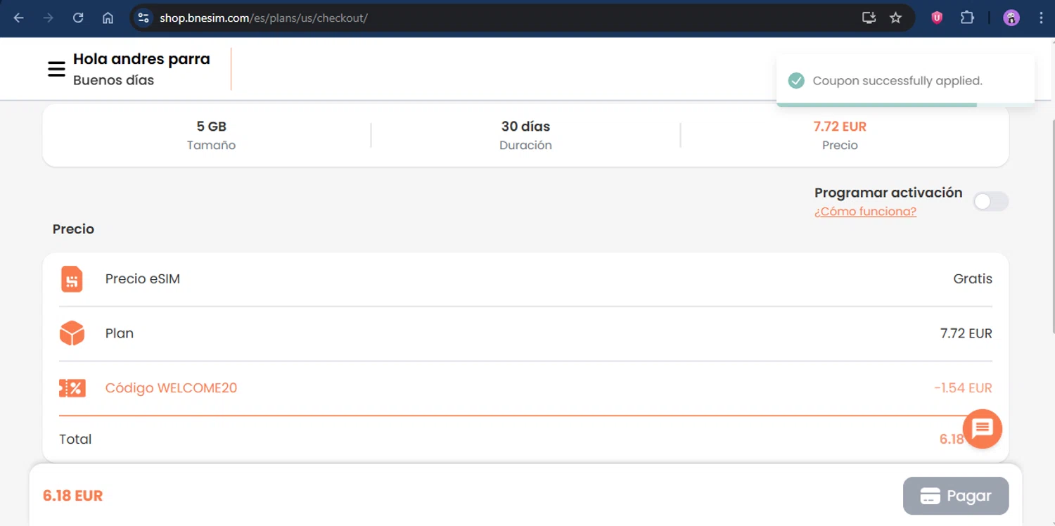 BNE travel eSIM promo code screenshot showing code WELCOME20 applied at BNE travel eSIM checkout page. Uploaded by SimplyCodes community member rapc3030 on Jun 24, 2025