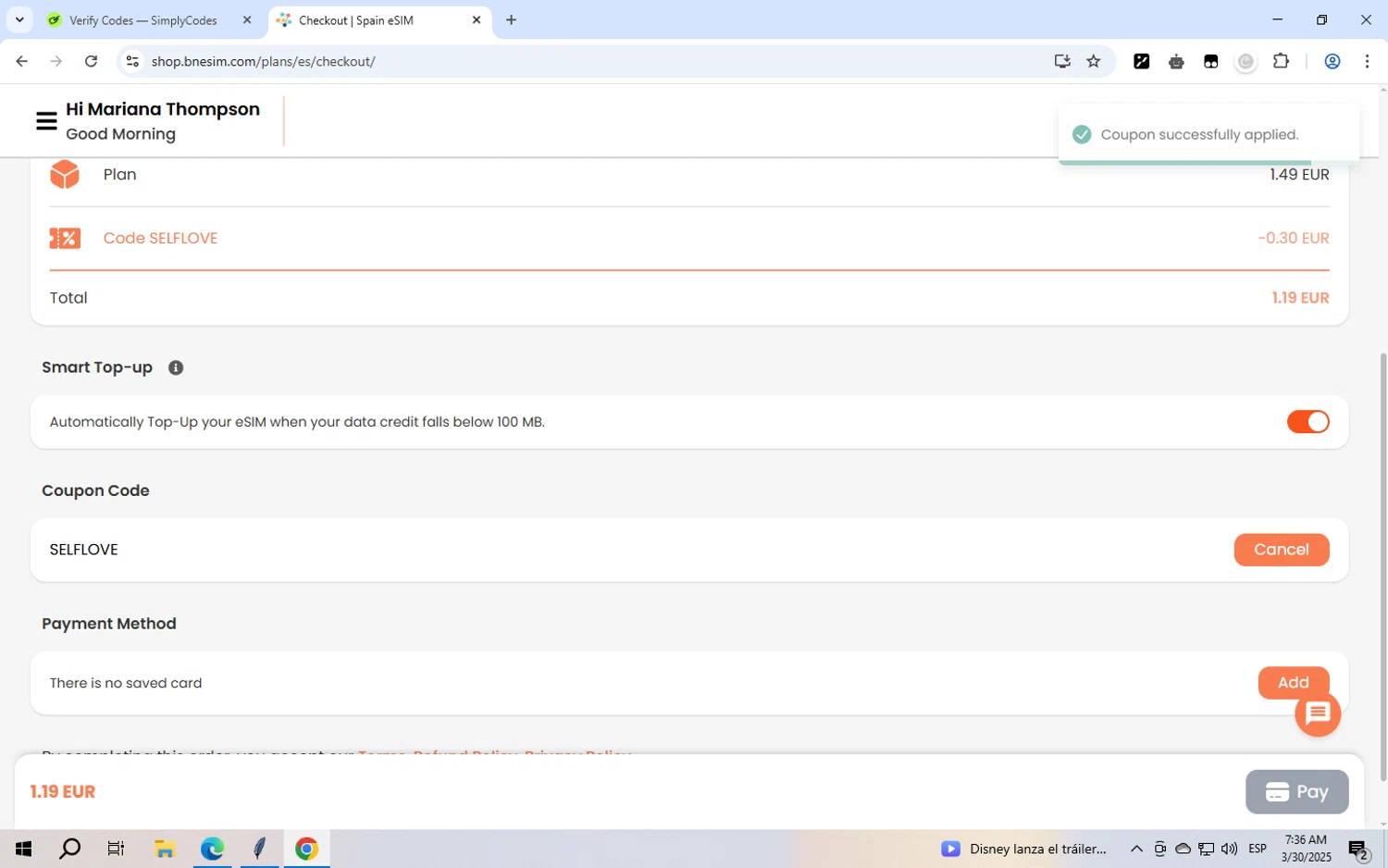 BNE travel eSIM promo code screenshot showing code SELFLOVE applied at BNE travel eSIM checkout page. Uploaded by SimplyCodes community member GloriousWizard5474 on Mar 30, 2025
