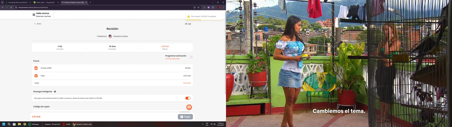BNE travel eSIM promo code screenshot showing code SAVE30 applied at BNE travel eSIM checkout page. Uploaded by SimplyCodes community member BrilliantSaver7516 on May 15, 2025