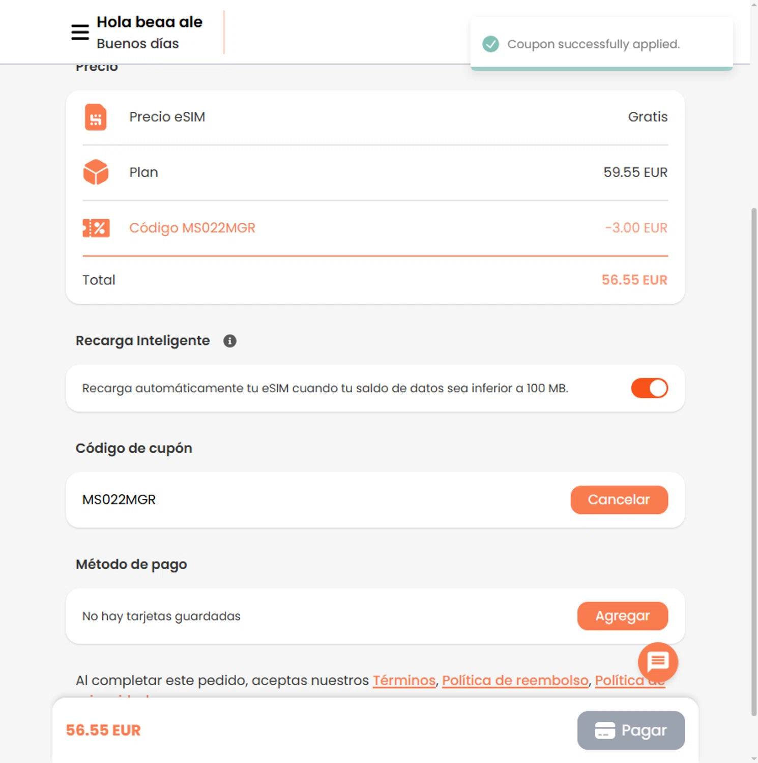 BNE travel eSIM promo code screenshot showing code MS022MGR applied at BNE travel eSIM checkout page. Uploaded by SimplyCodes community member Alejandra10 on Sep 3, 2025