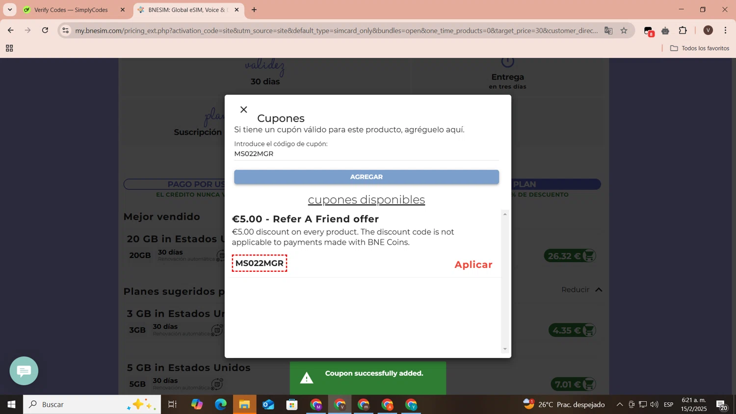 BNE travel eSIM promo code screenshot showing code MS022MGR applied at BNE travel eSIM checkout page. Uploaded by SimplyCodes community member CoinLegend1707 on Feb 15, 2025