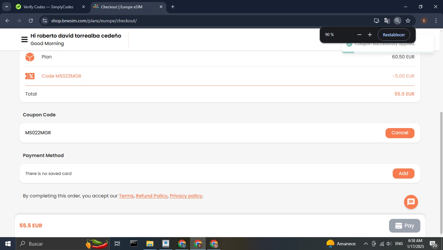 BNE travel eSIM promo code screenshot showing code MS022MGR applied at BNE travel eSIM checkout page. Uploaded by SimplyCodes community member WonderPilot3689 on Jan 17, 2025
