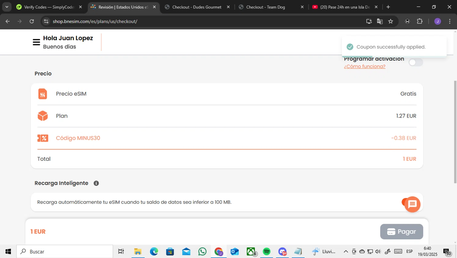 BNE travel eSIM checkout page showing BNE travel eSIM promo code box | Screenshot taken by SimplyCodes community member on Mar 19, 2025