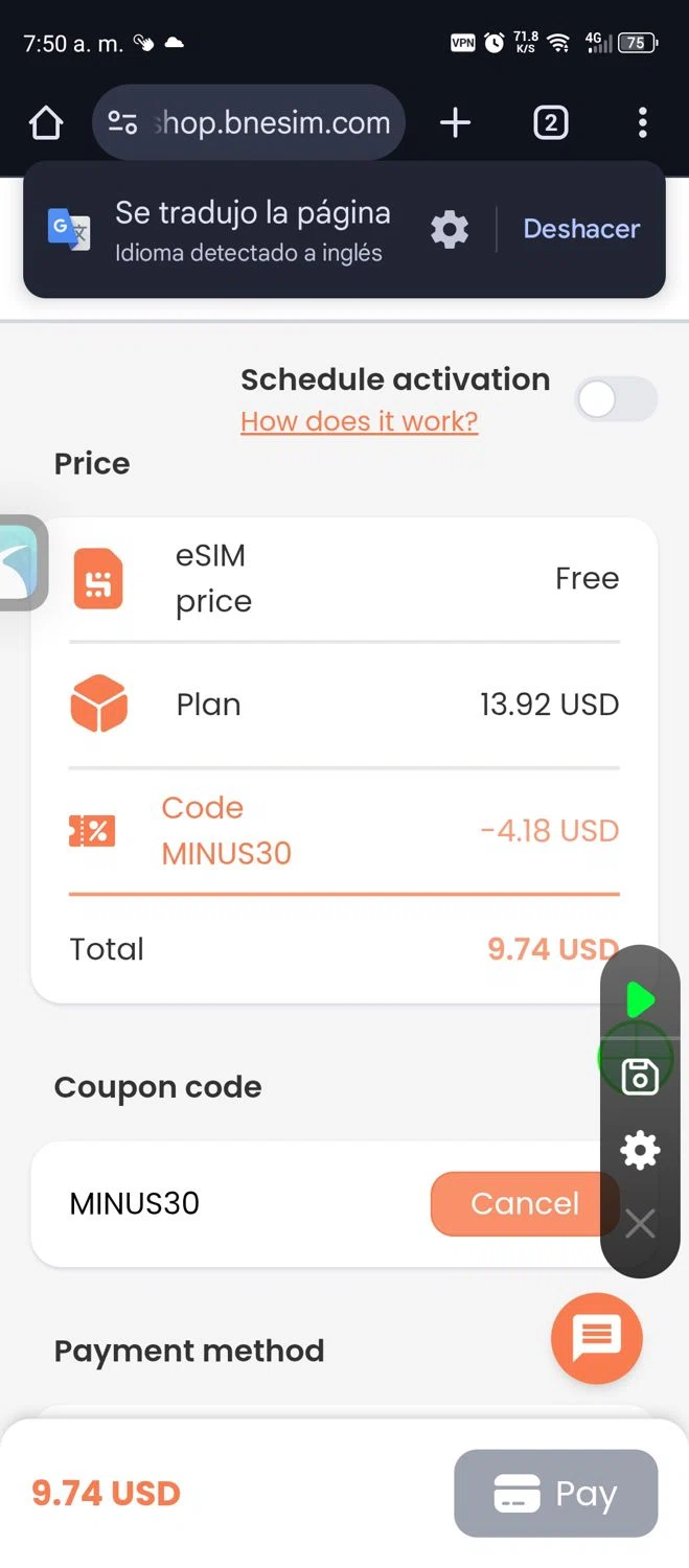 BNE travel eSIM checkout page showing BNE travel eSIM promo code box | Screenshot taken by SimplyCodes community member on Jan 20, 2025