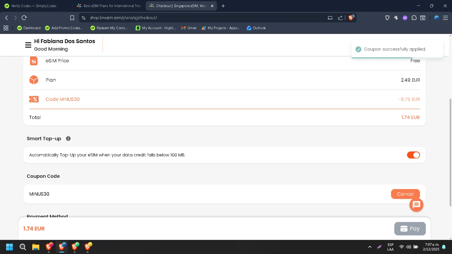 BNE travel eSIM promo code screenshot showing code MINUS30 applied at BNE travel eSIM checkout page. Uploaded by SimplyCodes community member HugoChavez1 on Dec 2, 2025