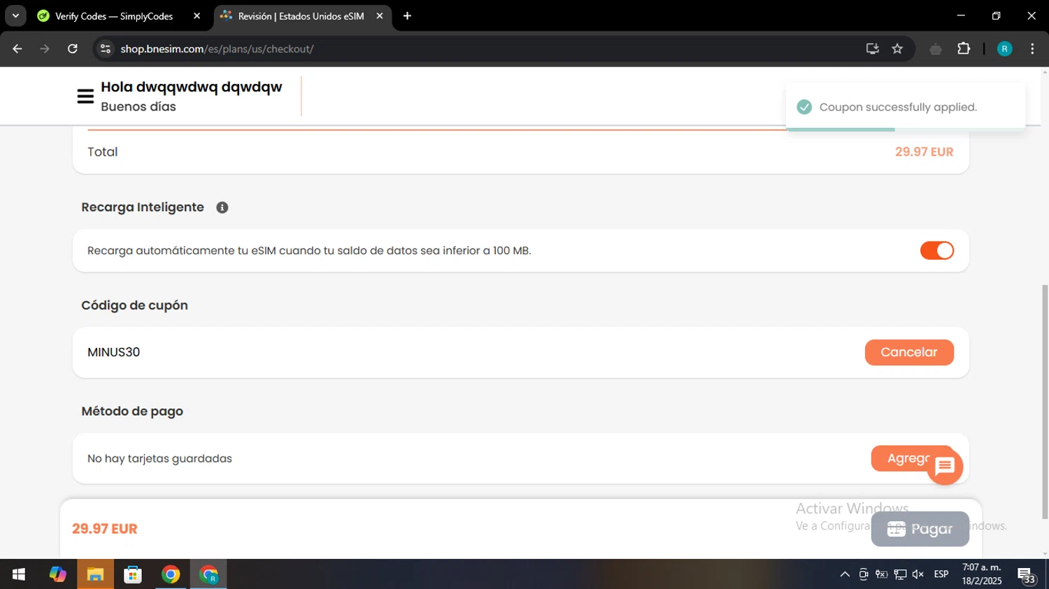 BNE travel eSIM checkout page showing BNE travel eSIM promo code box | Screenshot taken by SimplyCodes community member on Feb 18, 2025