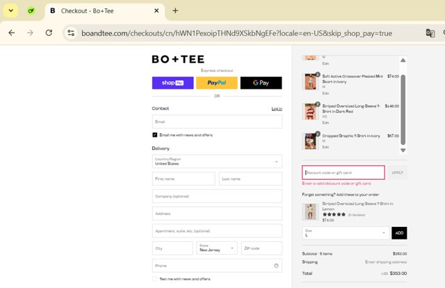 Bo and Tee checkout page showing Bo and Tee discount code box | Screenshot taken by SimplyCodes community member on Aug 4, 2025