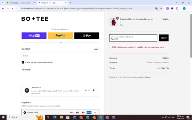 Bo and Tee checkout page showing Bo and Tee discount code box | Screenshot taken by SimplyCodes community member on Apr 10, 2025