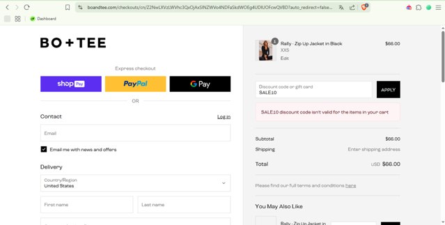 Bo and Tee checkout page showing Bo and Tee discount code box | Screenshot taken by SimplyCodes community member on Apr 28, 2025