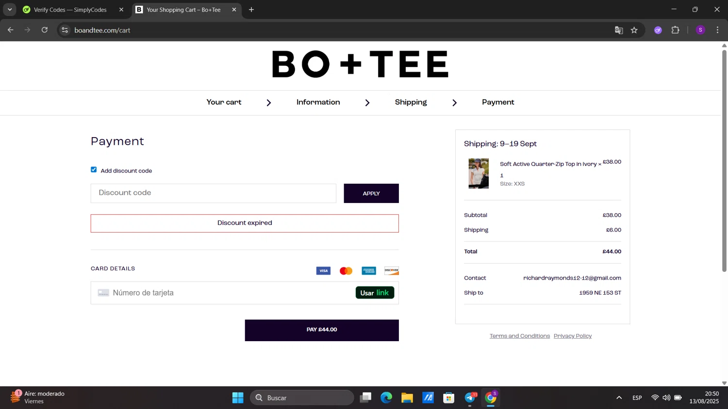 Bo and Tee discount code screenshot showing code SALE10 applied at Bo and Tee checkout page. Uploaded by SimplyCodes community member sorialbam on Aug 14, 2025