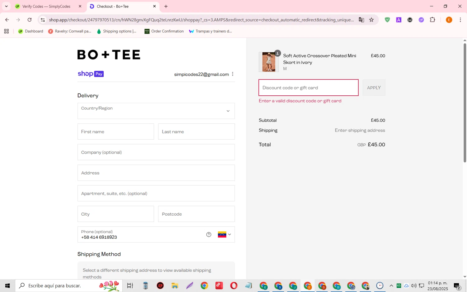 Bo and Tee discount code screenshot showing code WEL-t6m5v4 applied at Bo and Tee checkout page. Uploaded by SimplyCodes community member RewardFalcon3197 on Aug 23, 2025