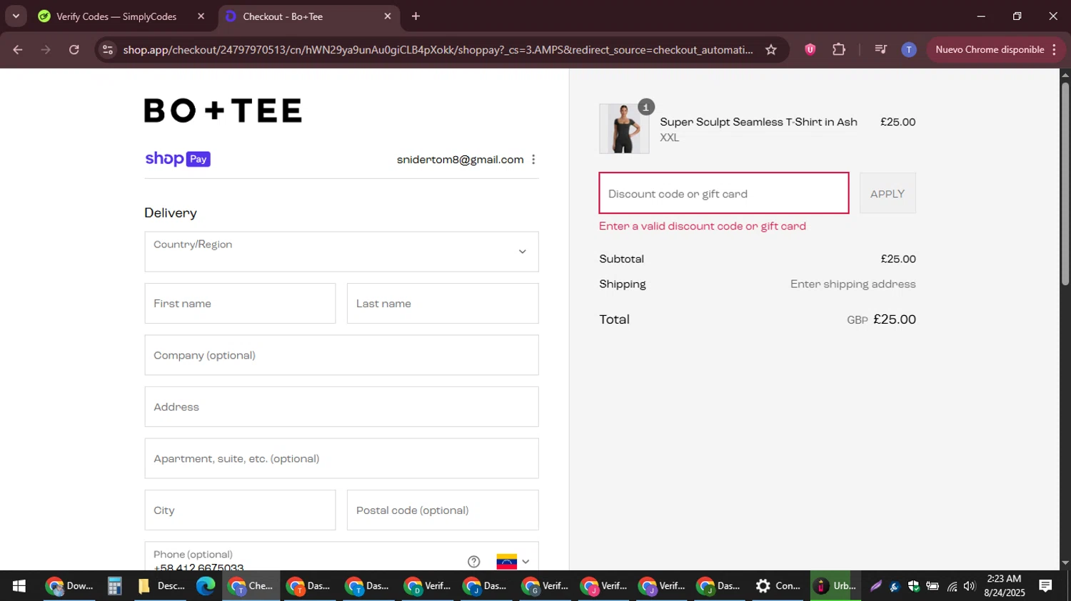 Bo and Tee discount code screenshot showing code WEL-8yyxcf applied at Bo and Tee checkout page. Uploaded by SimplyCodes community member snidertom8 on Aug 24, 2025