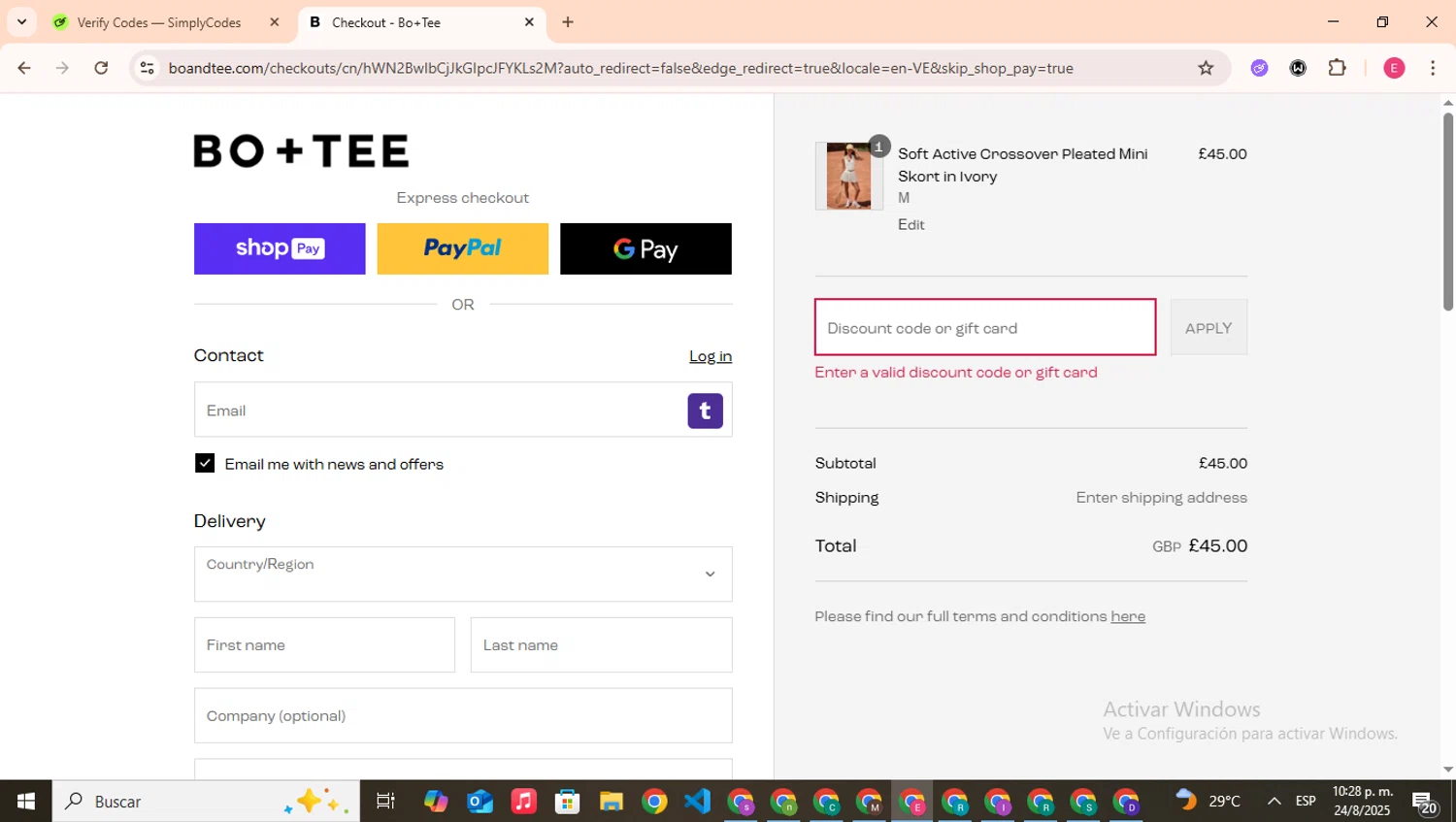 Bo and Tee discount code screenshot showing code WEL-cg7tcr applied at Bo and Tee checkout page. Uploaded by SimplyCodes community member CouponHero7312 on Aug 25, 2025