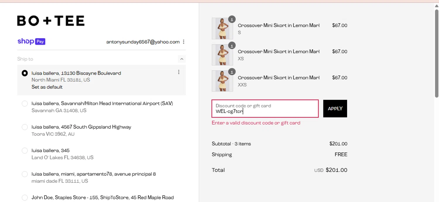 Bo and Tee discount code screenshot showing code WEL-cg7tcr applied at Bo and Tee checkout page. Uploaded by SimplyCodes community member luisaballera on Aug 17, 2025