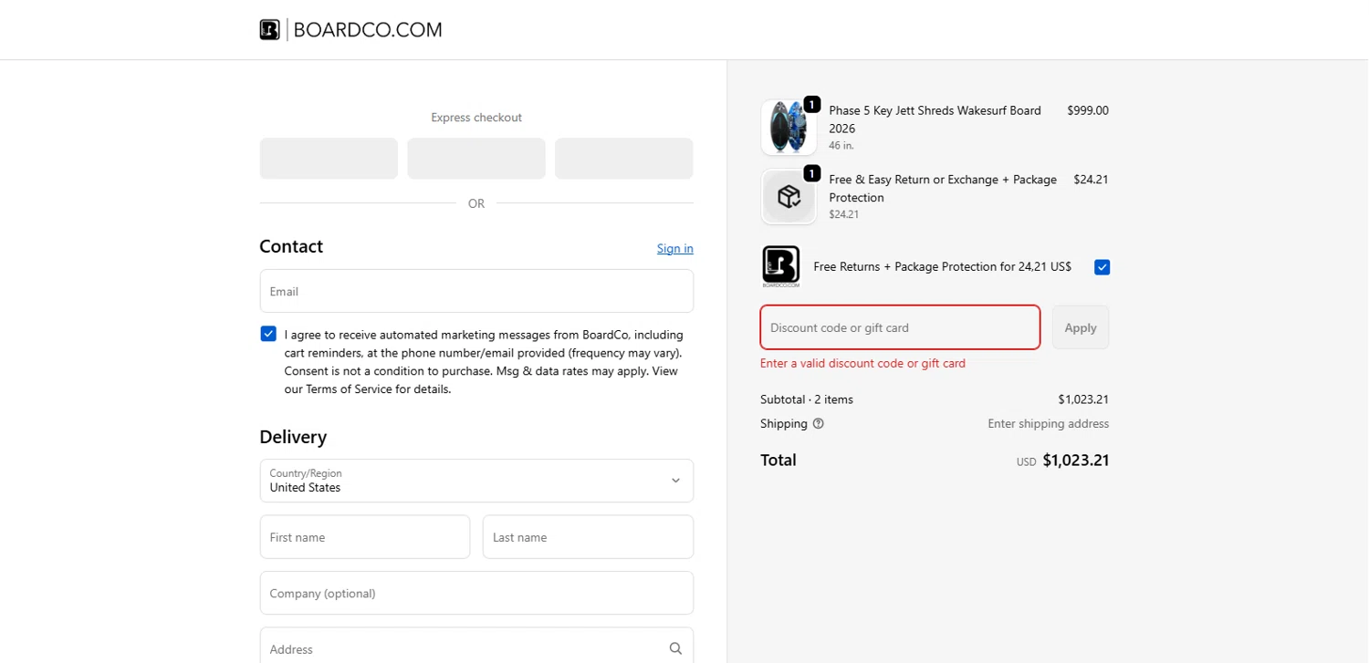 BoardCo discount code screenshot showing code first5 applied at BoardCo checkout page. Uploaded by SimplyCodes community member Alydrop on Jan 5, 2026