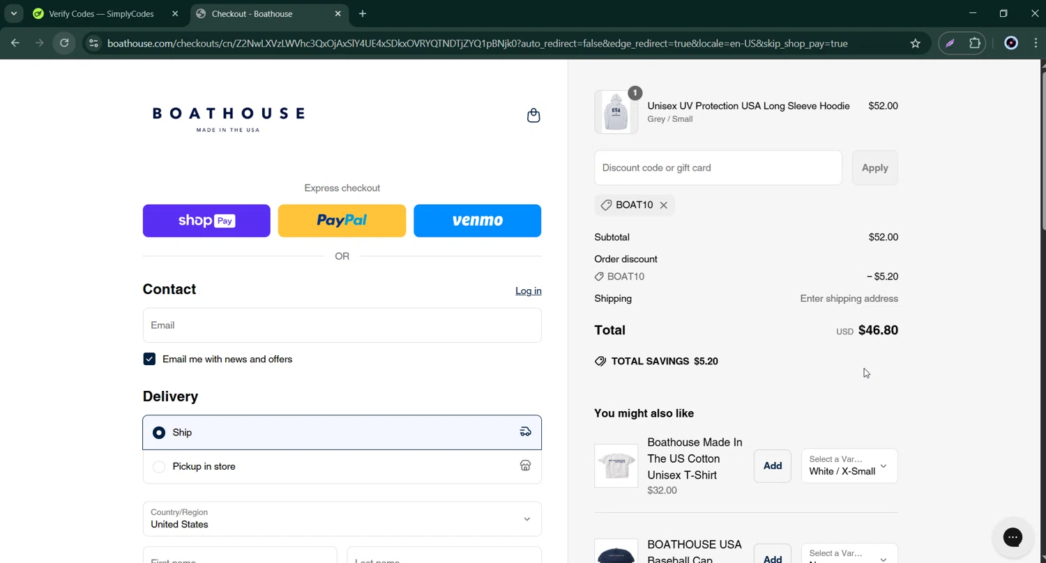 Boathouse Sports promo code screenshot showing code BOAT10 applied at Boathouse Sports checkout page. Uploaded by SimplyCodes community member Bernard_Lowe on May 15, 2025