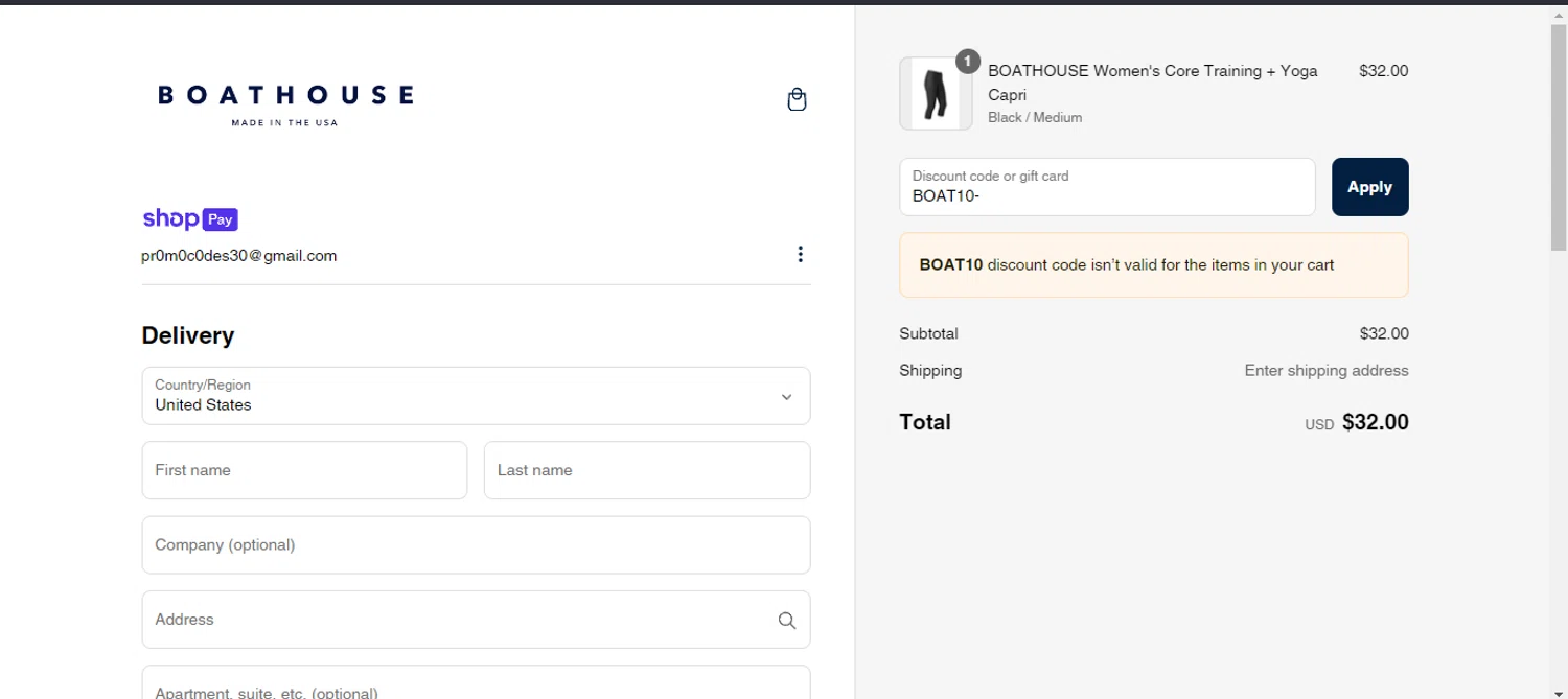 Boathouse Sports promo code screenshot showing code BOAT10 applied at Boathouse Sports checkout page. Uploaded by SimplyCodes community member luffyreturn on Mar 6, 2025