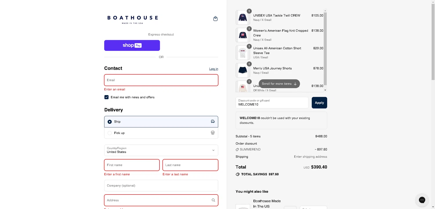 Boathouse Sports promo code screenshot showing code WELCOME10 applied at Boathouse Sports checkout page. Uploaded by SimplyCodes community member SwiftLynx7415 on Aug 21, 2025