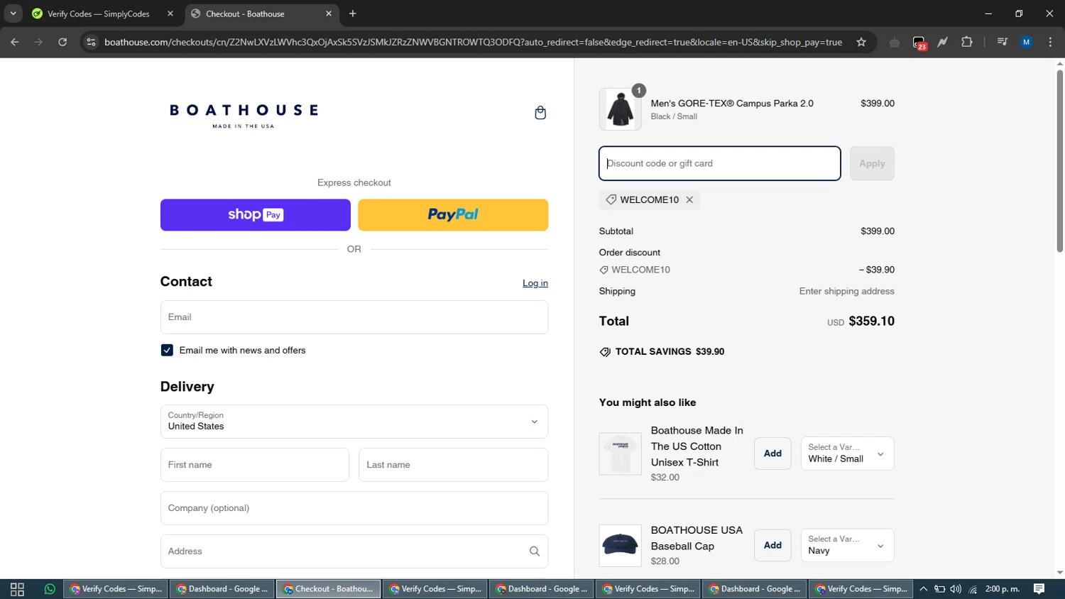 Boathouse Sports promo code screenshot showing code WELCOME10 applied at Boathouse Sports checkout page. Uploaded by SimplyCodes community member EpicVoyager2820 on Mar 7, 2025