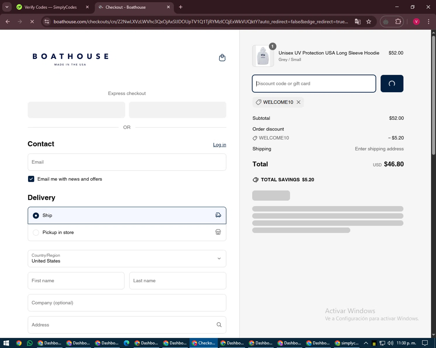 Boathouse Sports promo code screenshot showing code WELCOME10 applied at Boathouse Sports checkout page. Uploaded by SimplyCodes community member ShieldEagle6102 on Apr 9, 2025