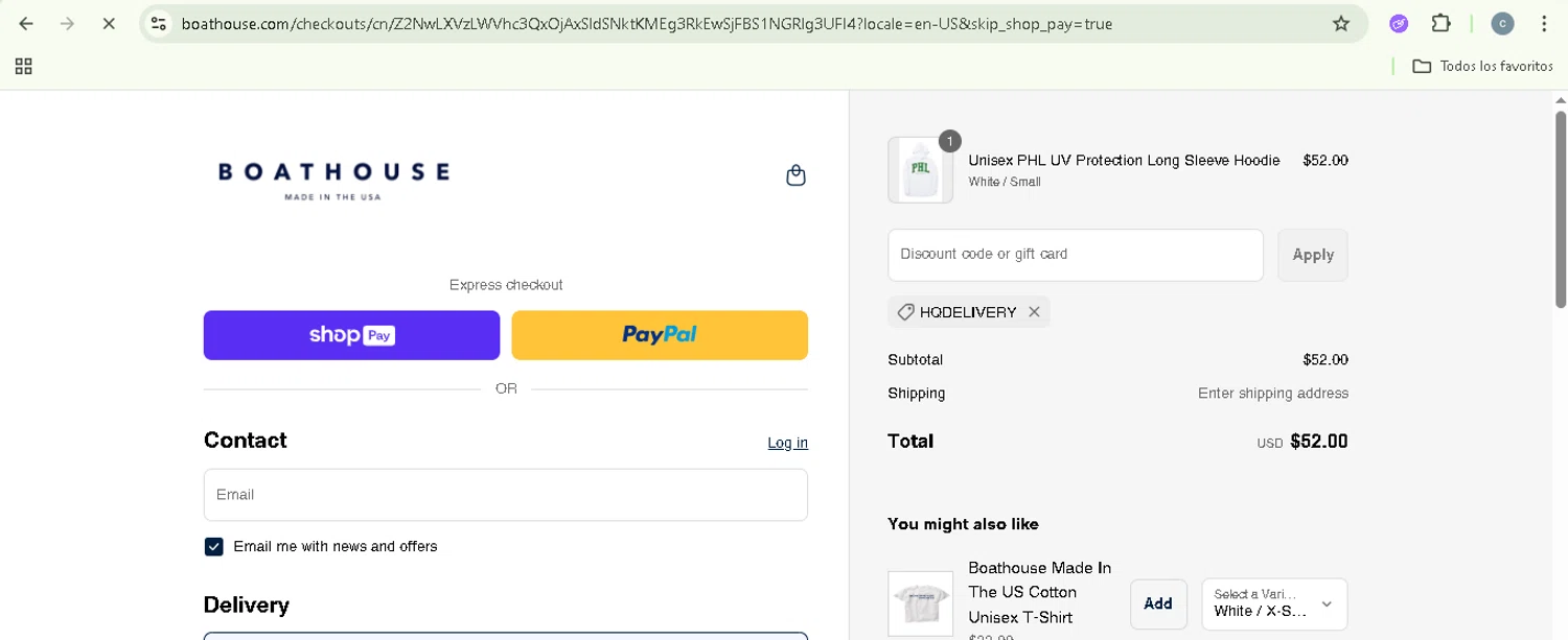 Boathouse Sports promo code screenshot showing code HQDELIVERY applied at Boathouse Sports checkout page. Uploaded by SimplyCodes community member NobleSentinel8535 on Jun 2, 2025