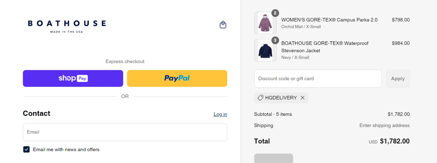 Boathouse Sports promo code screenshot showing code HQDELIVERY applied at Boathouse Sports checkout page. Uploaded by SimplyCodes community member ichigo1234 on Apr 5, 2025