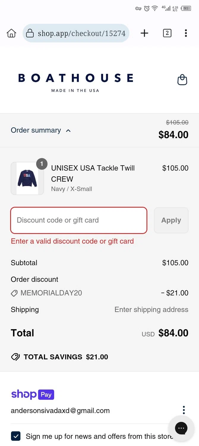 Boathouse Sports promo code screenshot showing code FF25 applied at Boathouse Sports checkout page. Uploaded by SimplyCodes community member Xx_Cogeburras3000_xX on May 26, 2025