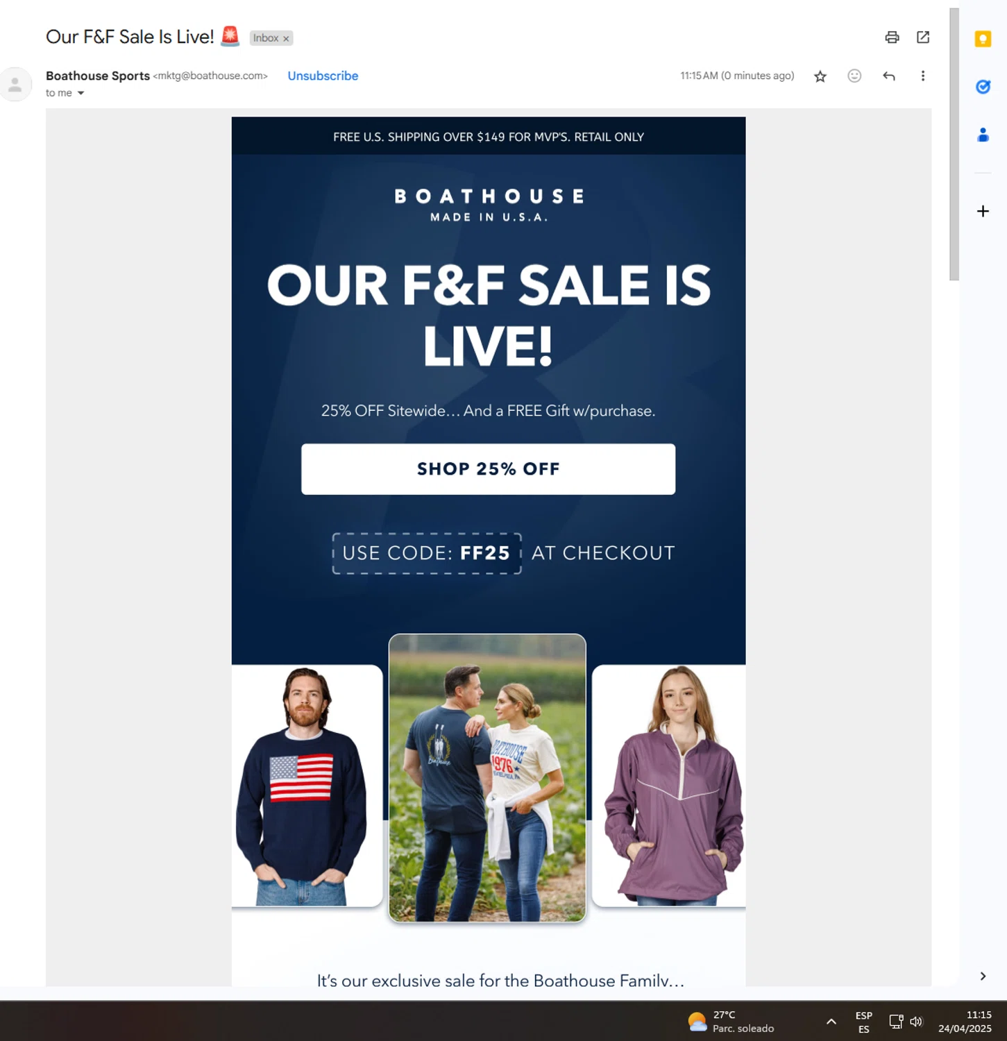Boathouse Sports promo code screenshot showing code FF25 applied at Boathouse Sports checkout page. Uploaded by SimplyCodes community member UnkNownVnzla on Apr 24, 2025