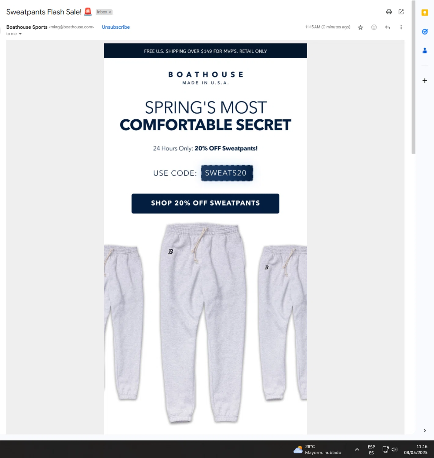 Boathouse Sports promo code screenshot showing code sweats20 applied at Boathouse Sports checkout page. Uploaded by SimplyCodes community member UnkNownVnzla on May 8, 2025
